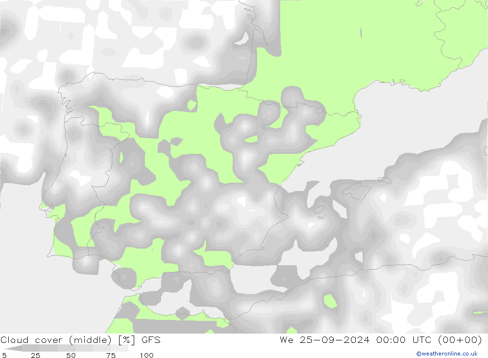 Bewolking (Middelb.) GFS wo 25.09.2024 00 UTC