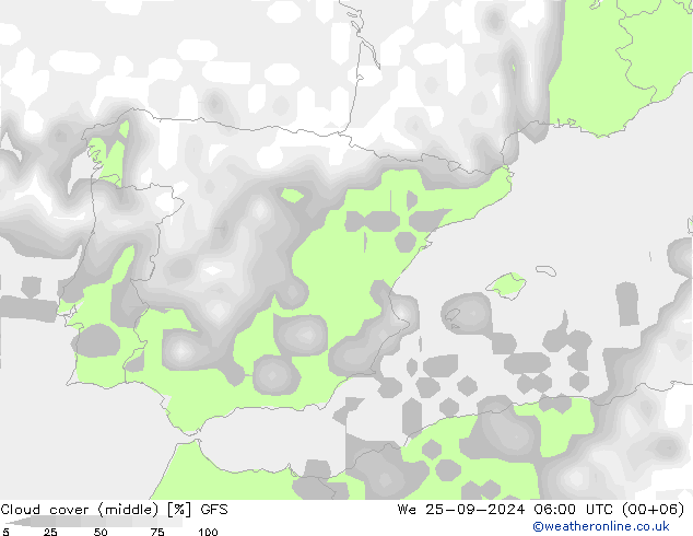 Bewolking (Middelb.) GFS wo 25.09.2024 06 UTC