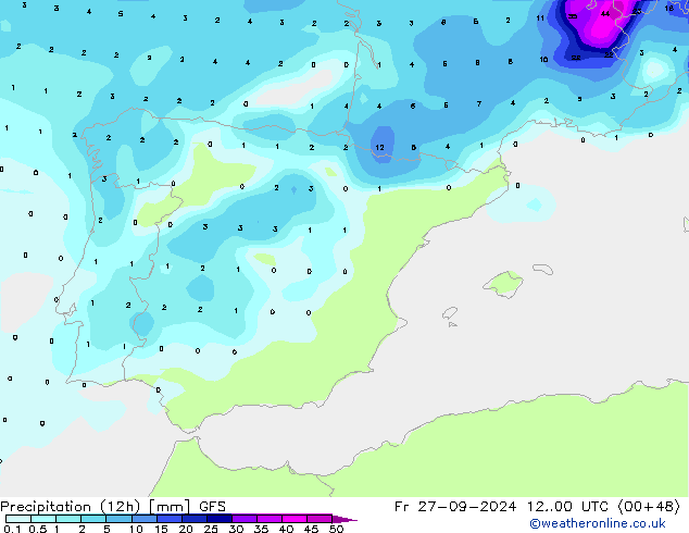 Precipitación (12h) GFS vie 27.09.2024 00 UTC