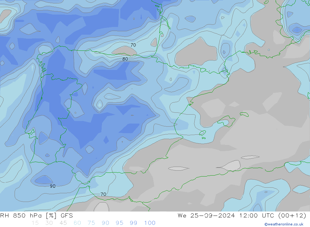 RH 850 hPa GFS Qua 25.09.2024 12 UTC