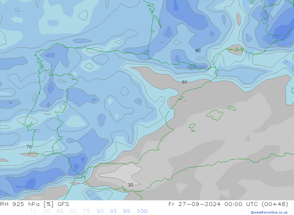 RH 925 hPa GFS Fr 27.09.2024 00 UTC