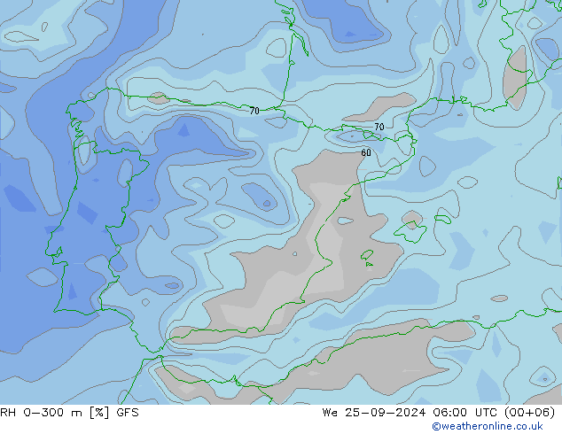 RH 0-300 m GFS śro. 25.09.2024 06 UTC