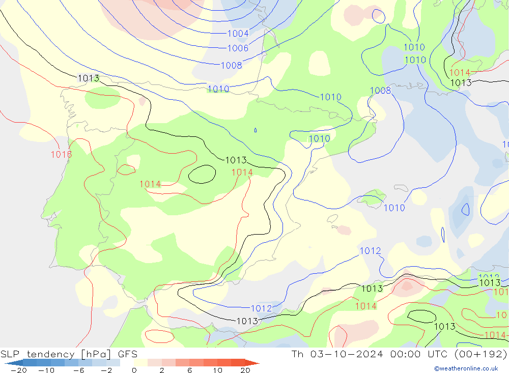 SLP tendency GFS Th 03.10.2024 00 UTC