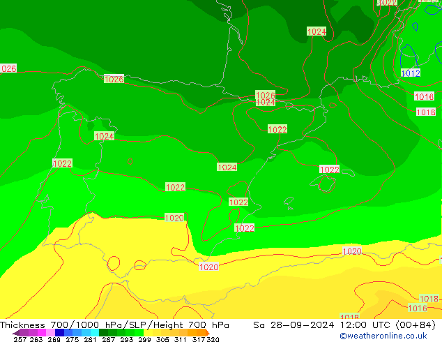 Thck 700-1000 гПа GFS сб 28.09.2024 12 UTC