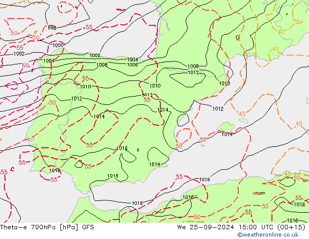 Theta-e 700hPa GFS śro. 25.09.2024 15 UTC