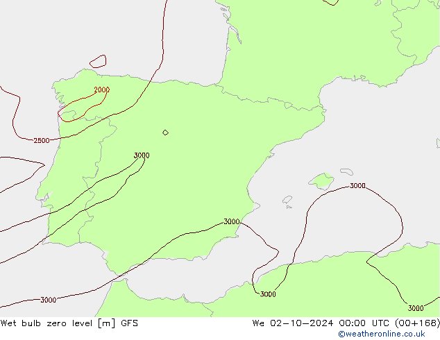 Wet bulb zero level GFS St 02.10.2024 00 UTC