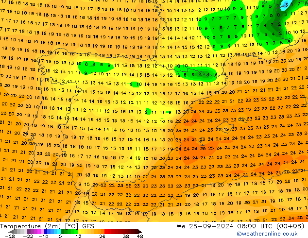 Temperatuurkaart (2m) GFS wo 25.09.2024 06 UTC