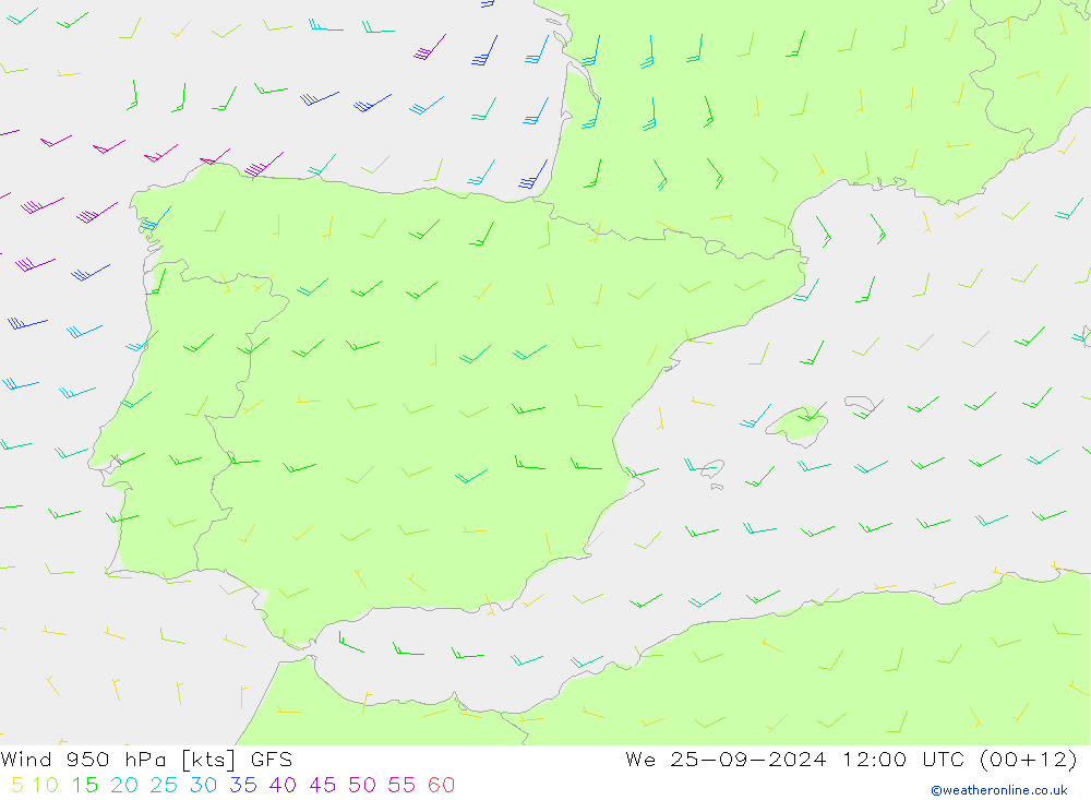 Wind 950 hPa GFS We 25.09.2024 12 UTC