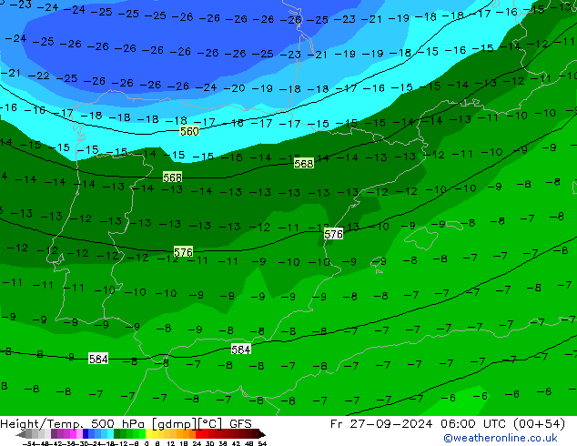 Hoogte/Temp. 500 hPa GFS vr 27.09.2024 06 UTC