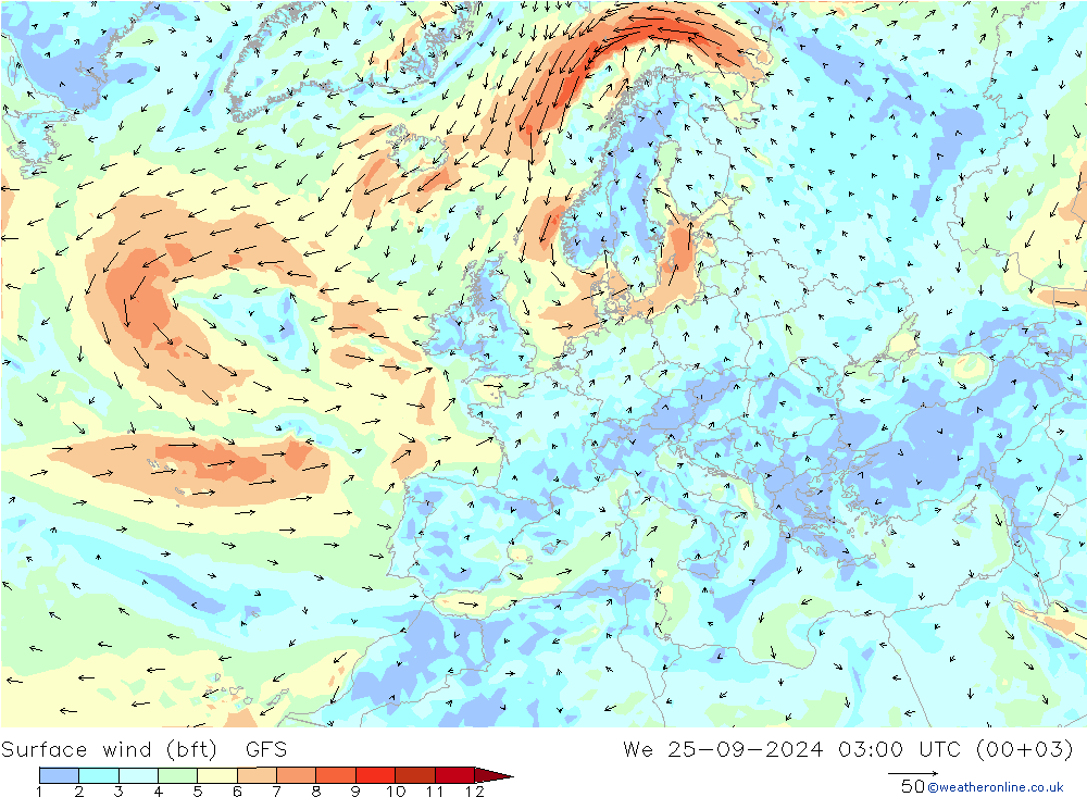 Bodenwind (bft) GFS Mi 25.09.2024 03 UTC