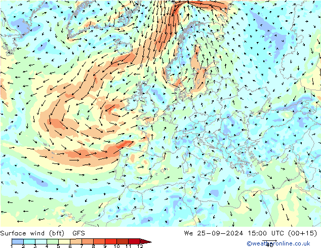 wiatr 10 m (bft) GFS śro. 25.09.2024 15 UTC