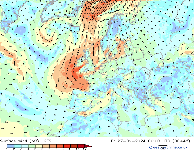 Surface wind (bft) GFS Fr 27.09.2024 00 UTC