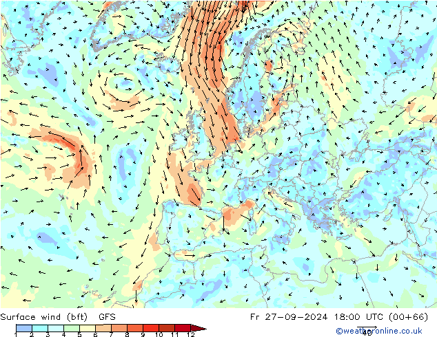 wiatr 10 m (bft) GFS pt. 27.09.2024 18 UTC