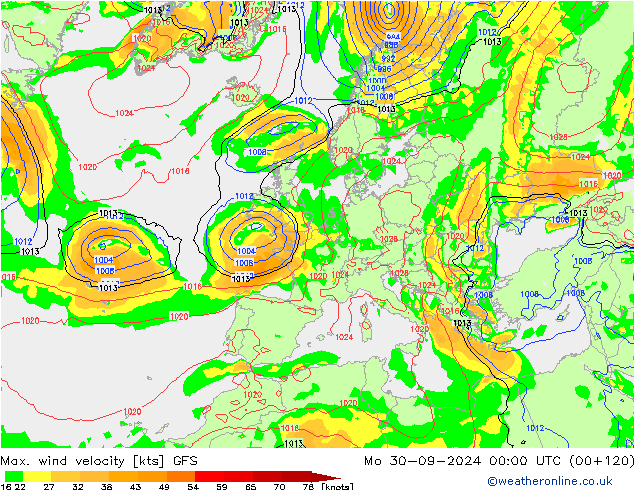 Max. wind velocity GFS lun 30.09.2024 00 UTC