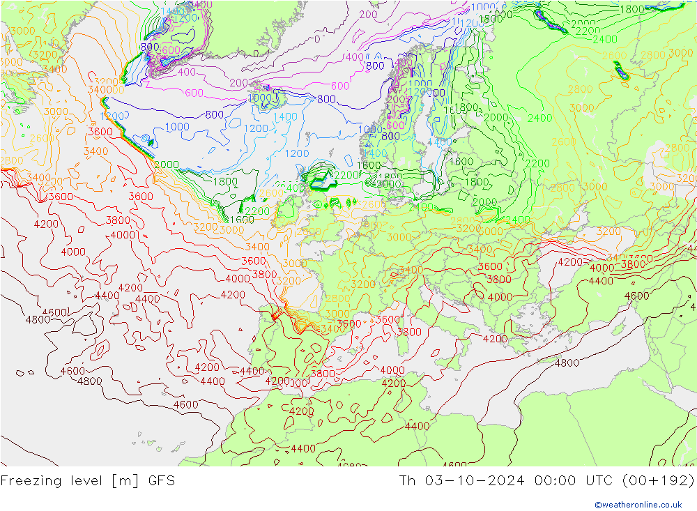 Zero termico GFS gio 03.10.2024 00 UTC