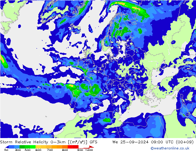 Storm Relative Helicity GFS śro. 25.09.2024 09 UTC