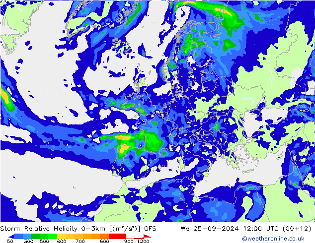 Storm Relative Helicity GFS ср 25.09.2024 12 UTC