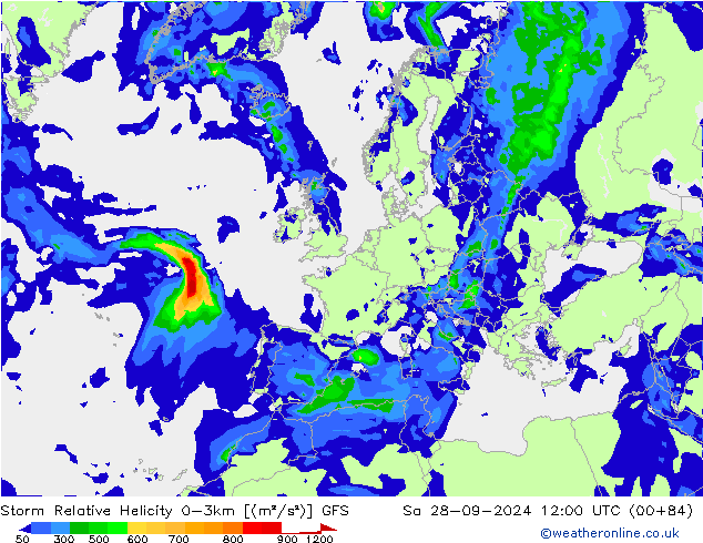 Storm Relative Helicity GFS sam 28.09.2024 12 UTC