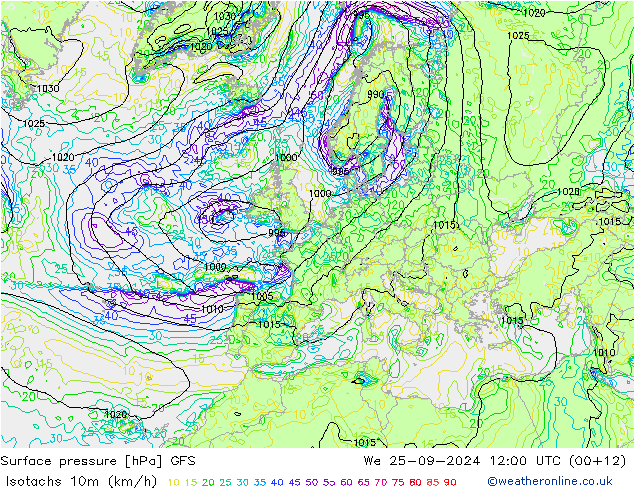 Izotacha (km/godz) GFS śro. 25.09.2024 12 UTC