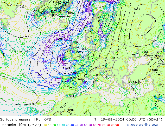 Isotachs (kph) GFS Th 26.09.2024 00 UTC