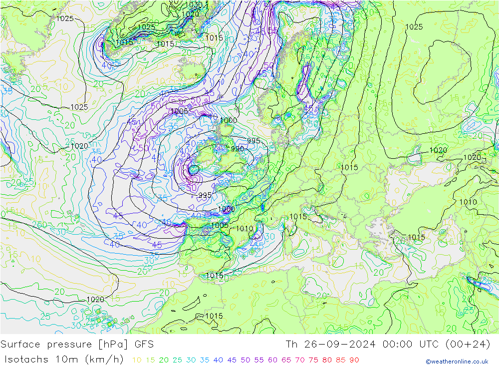 Isotachs (kph) GFS Qui 26.09.2024 00 UTC