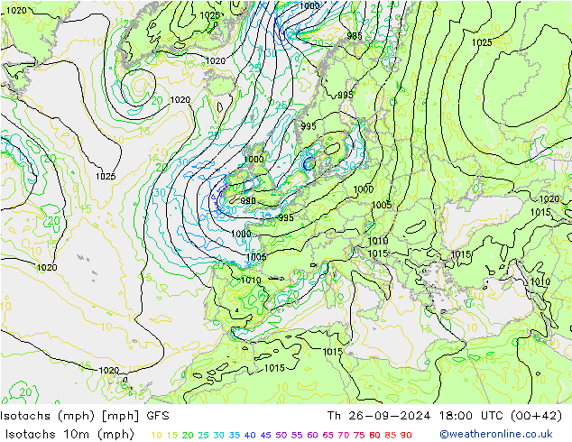 Isotachs (mph) GFS чт 26.09.2024 18 UTC