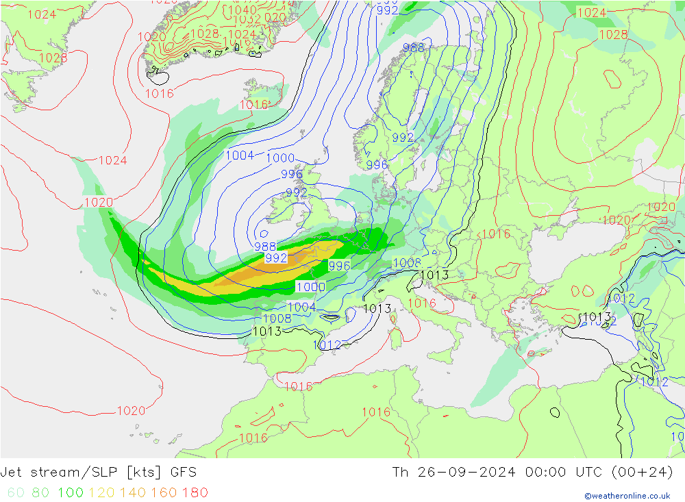 Corrente a getto GFS gio 26.09.2024 00 UTC