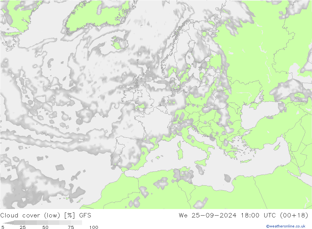 Cloud cover (low) GFS We 25.09.2024 18 UTC