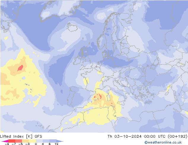 Lifted Index GFS czw. 03.10.2024 00 UTC