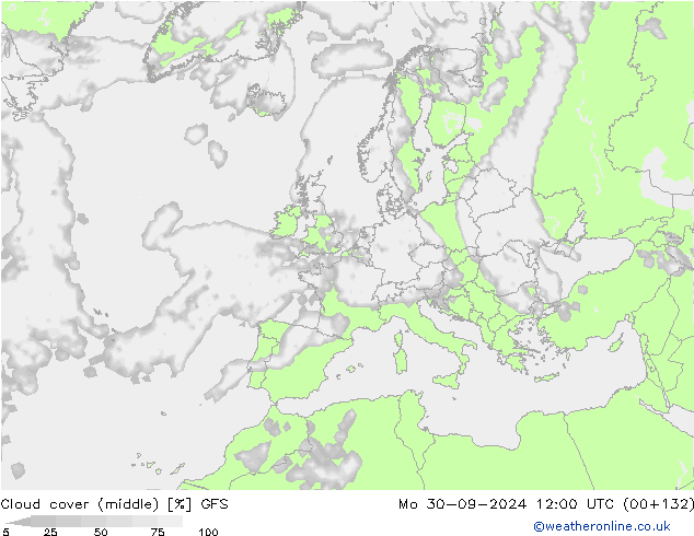 zachmurzenie (środk.) GFS pon. 30.09.2024 12 UTC