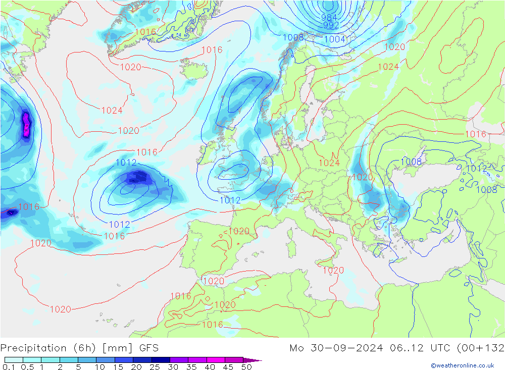 Z500/Rain (+SLP)/Z850 GFS Mo 30.09.2024 12 UTC