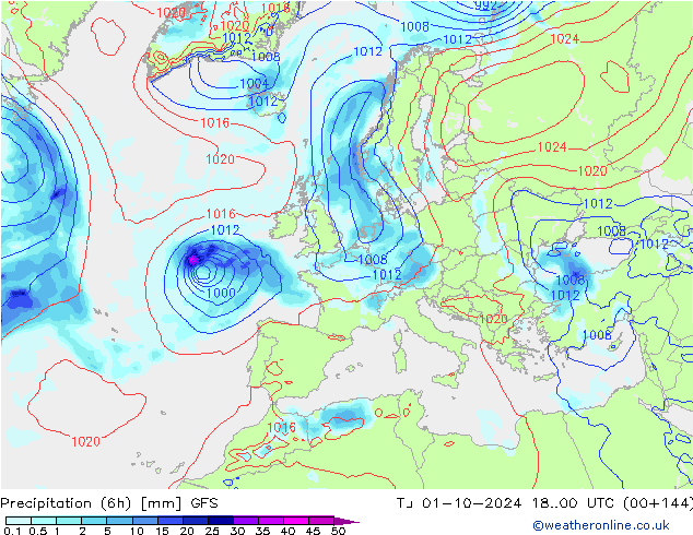 Z500/Rain (+SLP)/Z850 GFS Tu 01.10.2024 00 UTC