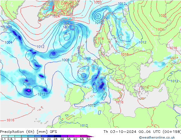 Precipitación (6h) GFS jue 03.10.2024 06 UTC