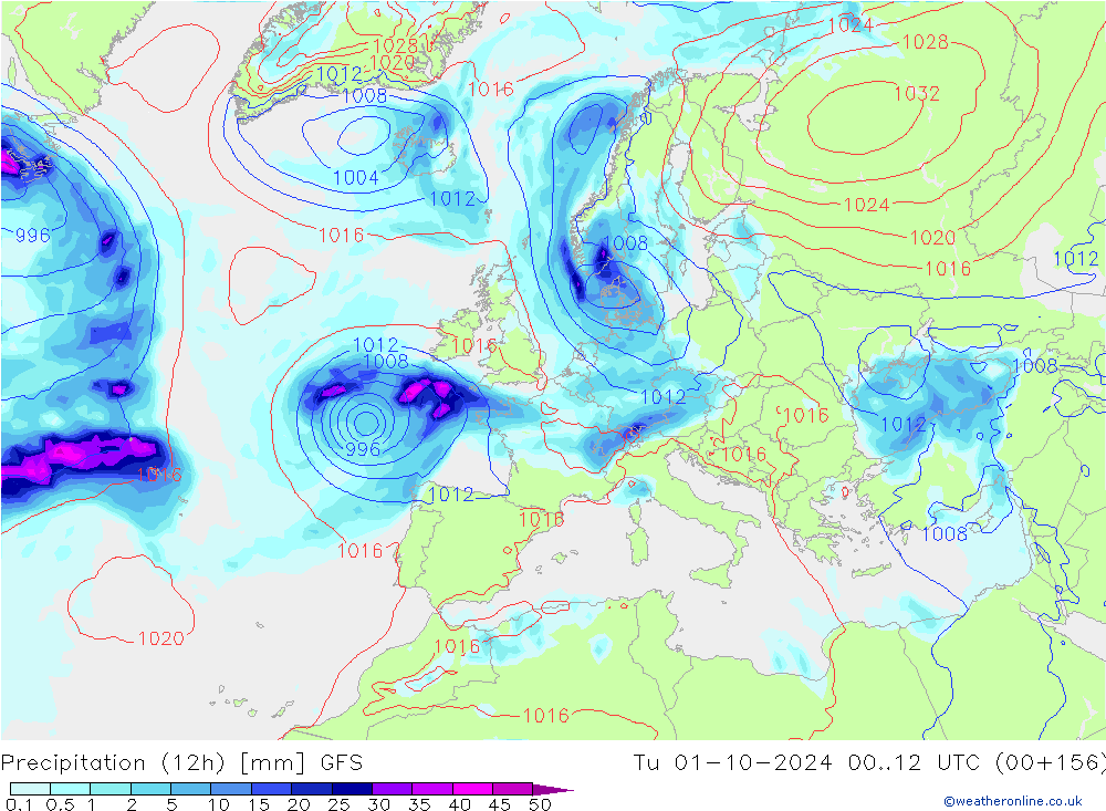 Precipitazione (12h) GFS mar 01.10.2024 12 UTC