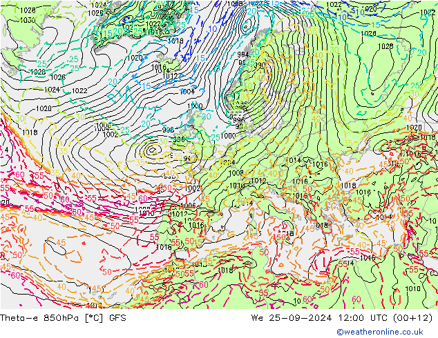 Theta-e 850гПа GFS ср 25.09.2024 12 UTC