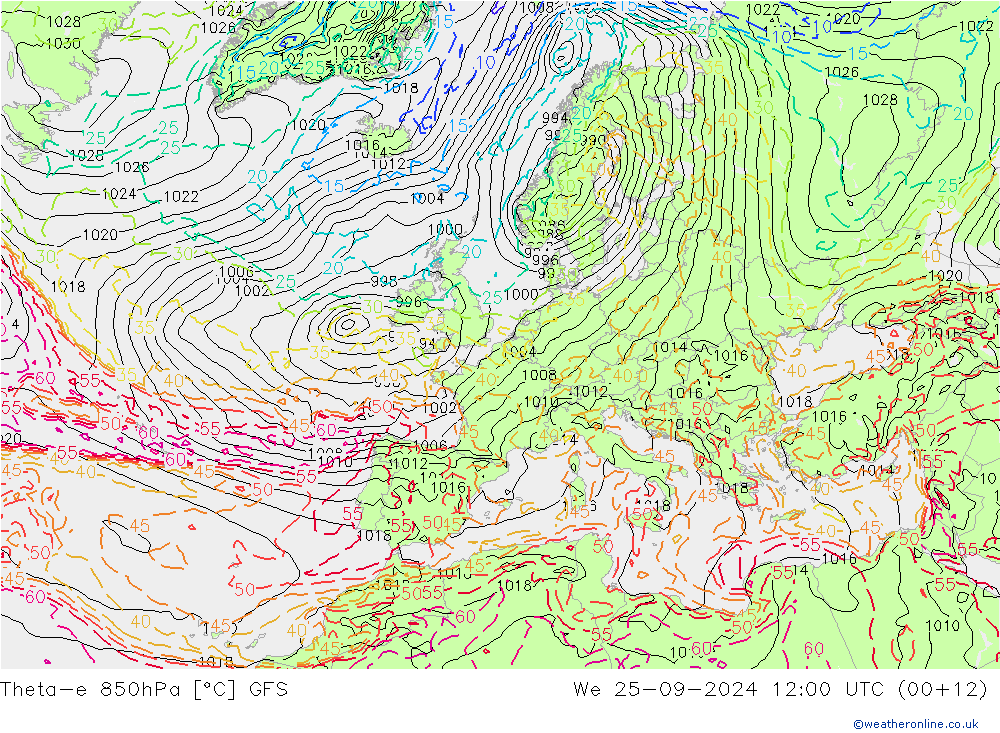 Theta-e 850hPa GFS śro. 25.09.2024 12 UTC