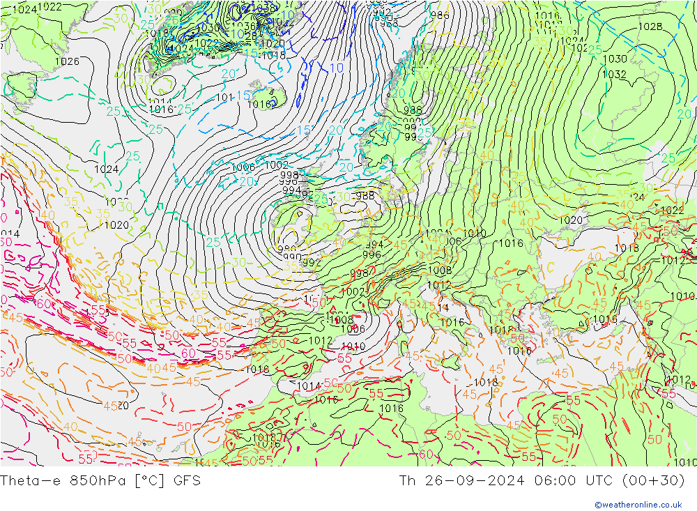 Theta-e 850hPa GFS gio 26.09.2024 06 UTC