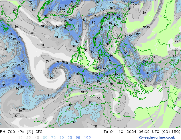 RH 700 hPa GFS Di 01.10.2024 06 UTC