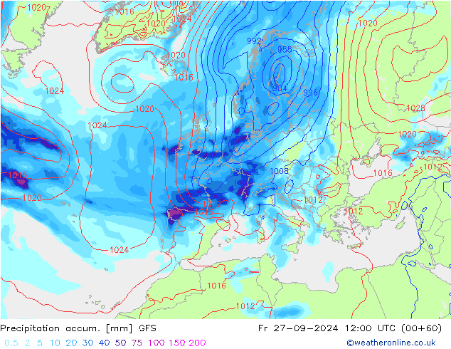 Precipitation accum. GFS Fr 27.09.2024 12 UTC