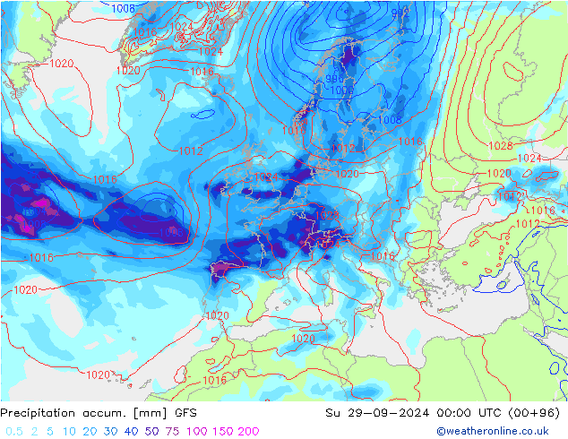 Precipitation accum. GFS Su 29.09.2024 00 UTC