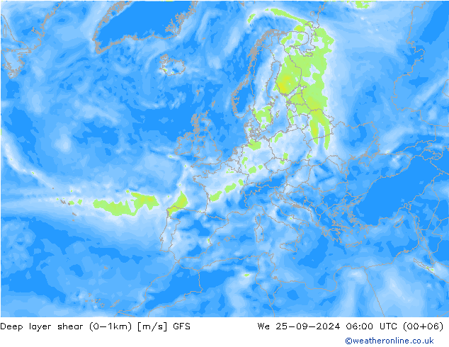 Deep layer shear (0-1km) GFS We 25.09.2024 06 UTC