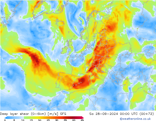 Deep layer shear (0-6km) GFS za 28.09.2024 00 UTC