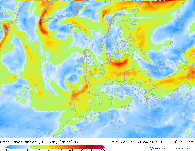 Deep layer shear (0-6km) GFS Qua 02.10.2024 00 UTC