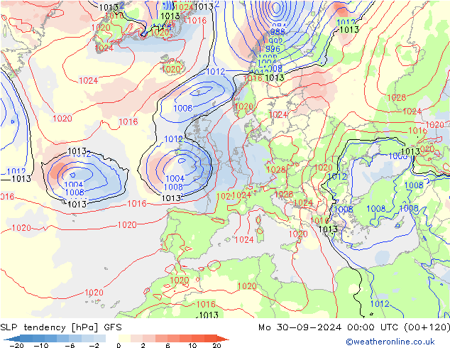 SLP tendency GFS Mo 30.09.2024 00 UTC