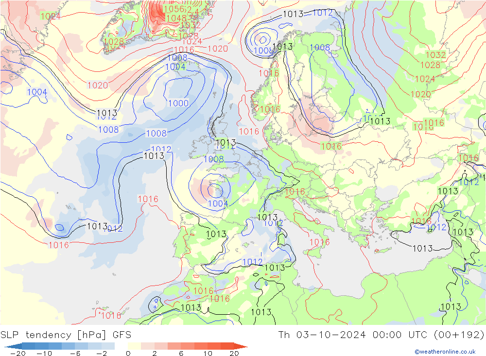 SLP tendency GFS Th 03.10.2024 00 UTC