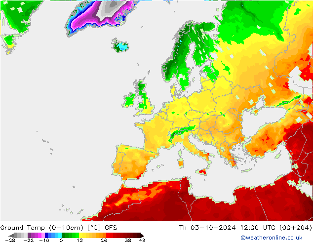 Ground Temp (0-10cm) GFS Th 03.10.2024 12 UTC