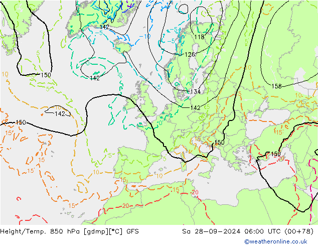 Height/Temp. 850 hPa GFS Sa 28.09.2024 06 UTC