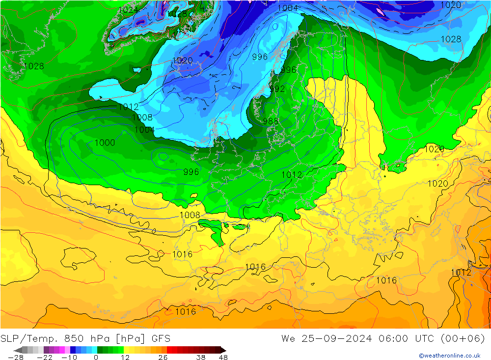 SLP/Temp. 850 hPa GFS We 25.09.2024 06 UTC