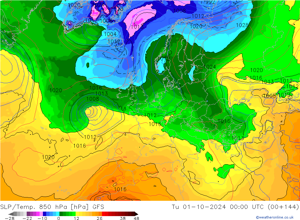 SLP/Temp. 850 hPa GFS Tu 01.10.2024 00 UTC