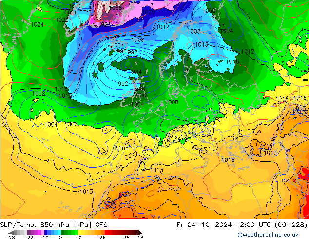 SLP/Temp. 850 hPa GFS vr 04.10.2024 12 UTC